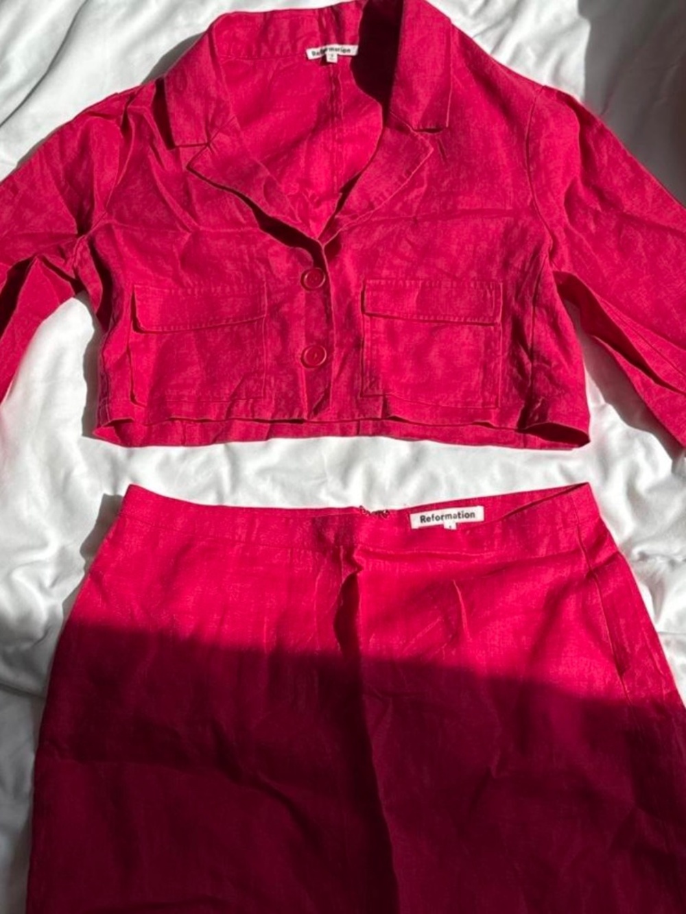 Reformation Elton Linen Cropped Blazer & Mini Skirt Set in Pink Corvette